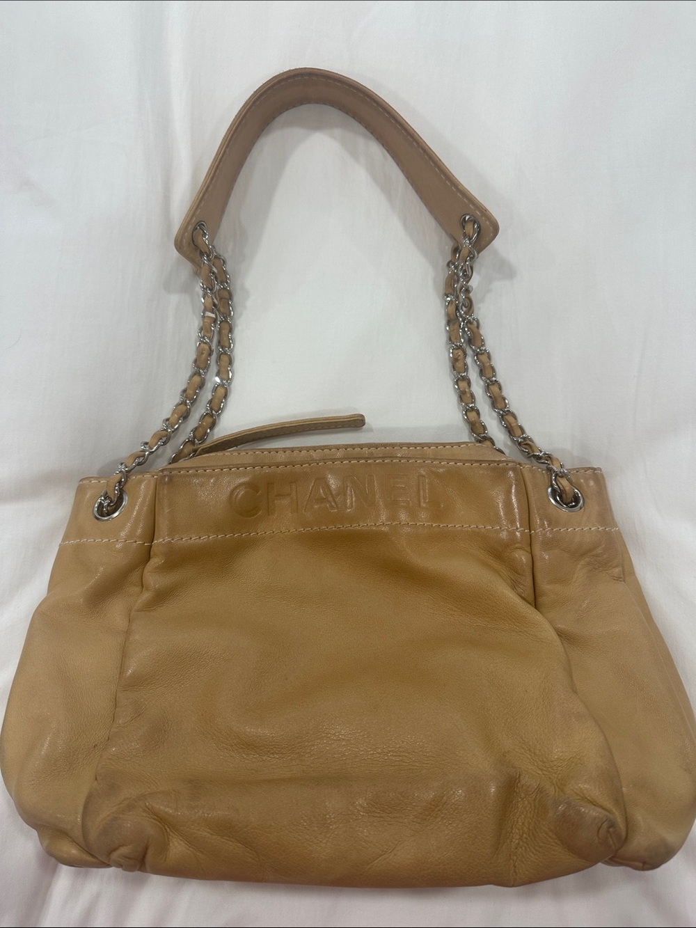 CHANEL Camel Leather Shoulder Bag with Chain Handles